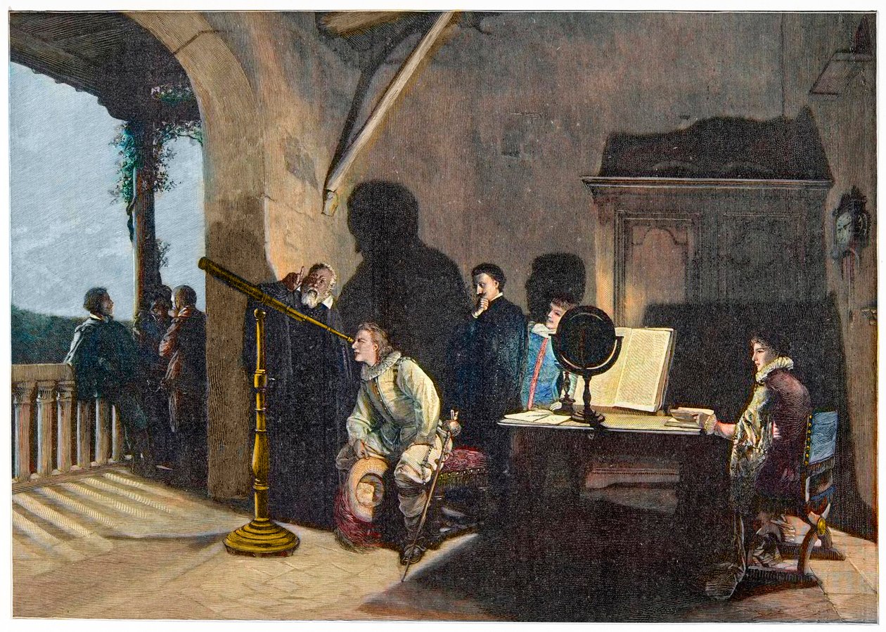 John Milton (1608-1674) visitando Galileo Galilei durante a viagem italiana de Milton de 1638-1639. gravura de Unknown artist