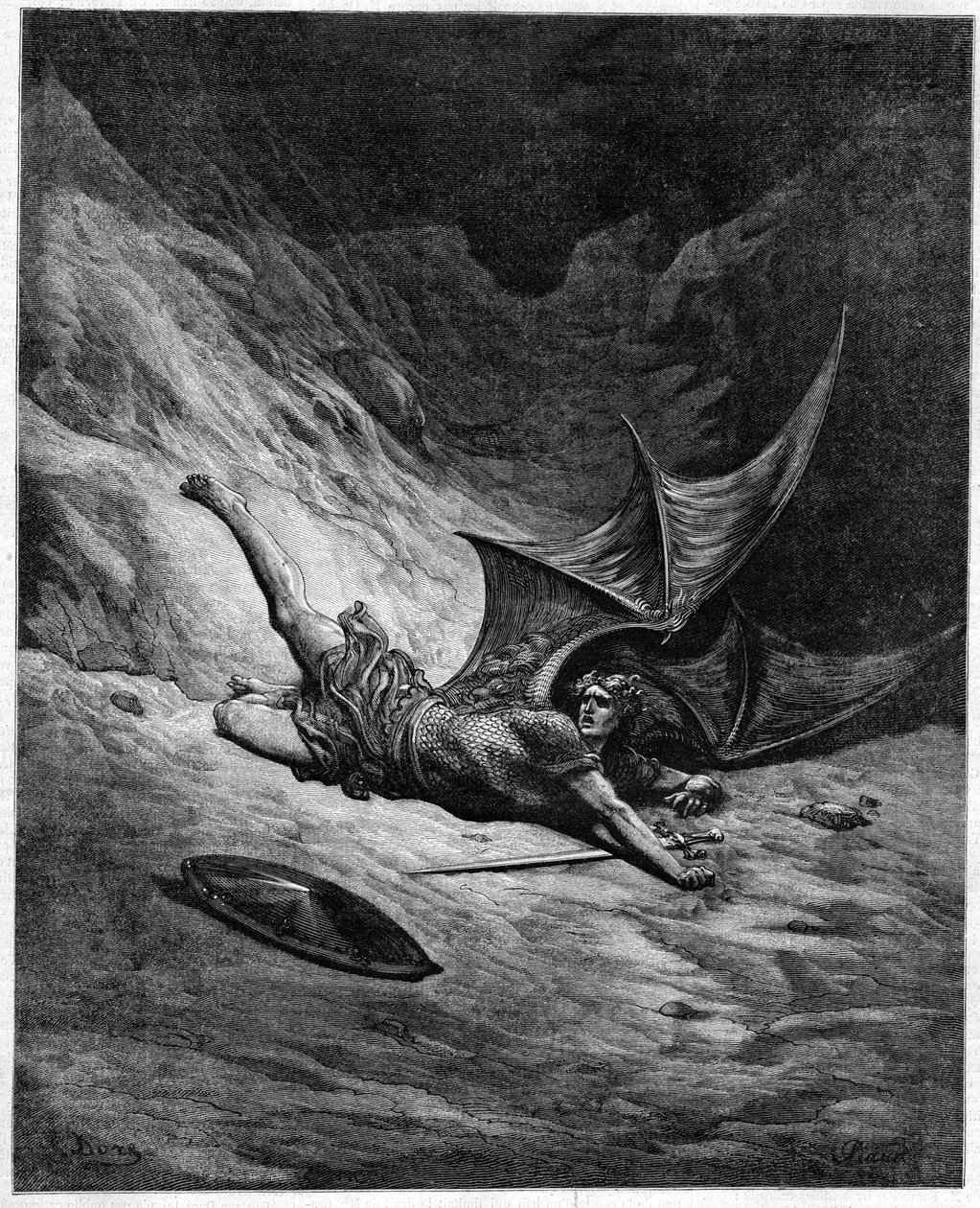 O paraíso perdido de John Milton (1608-1674). Satanás correu para o abismo. Ilustração de Gustave Doré. de Unknown artist
