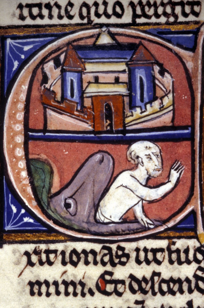 Jonas, após três dias e três noites passadas na barriga de um peixe enorme, é vomitado pelo animal. Manuscrito do século XIV. Biblioteca nazionale braidense, Milão. de Unknown artist