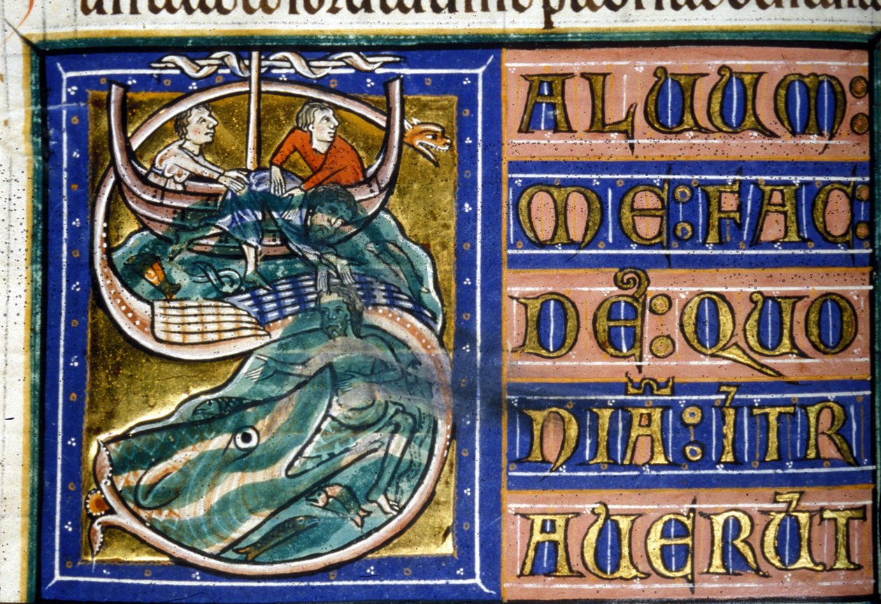 Jonas é atirado ao mar e devorado por um peixe enorme. Manuscrito do século XIV. Bíblia Municipal de Vercelli. de Unknown artist