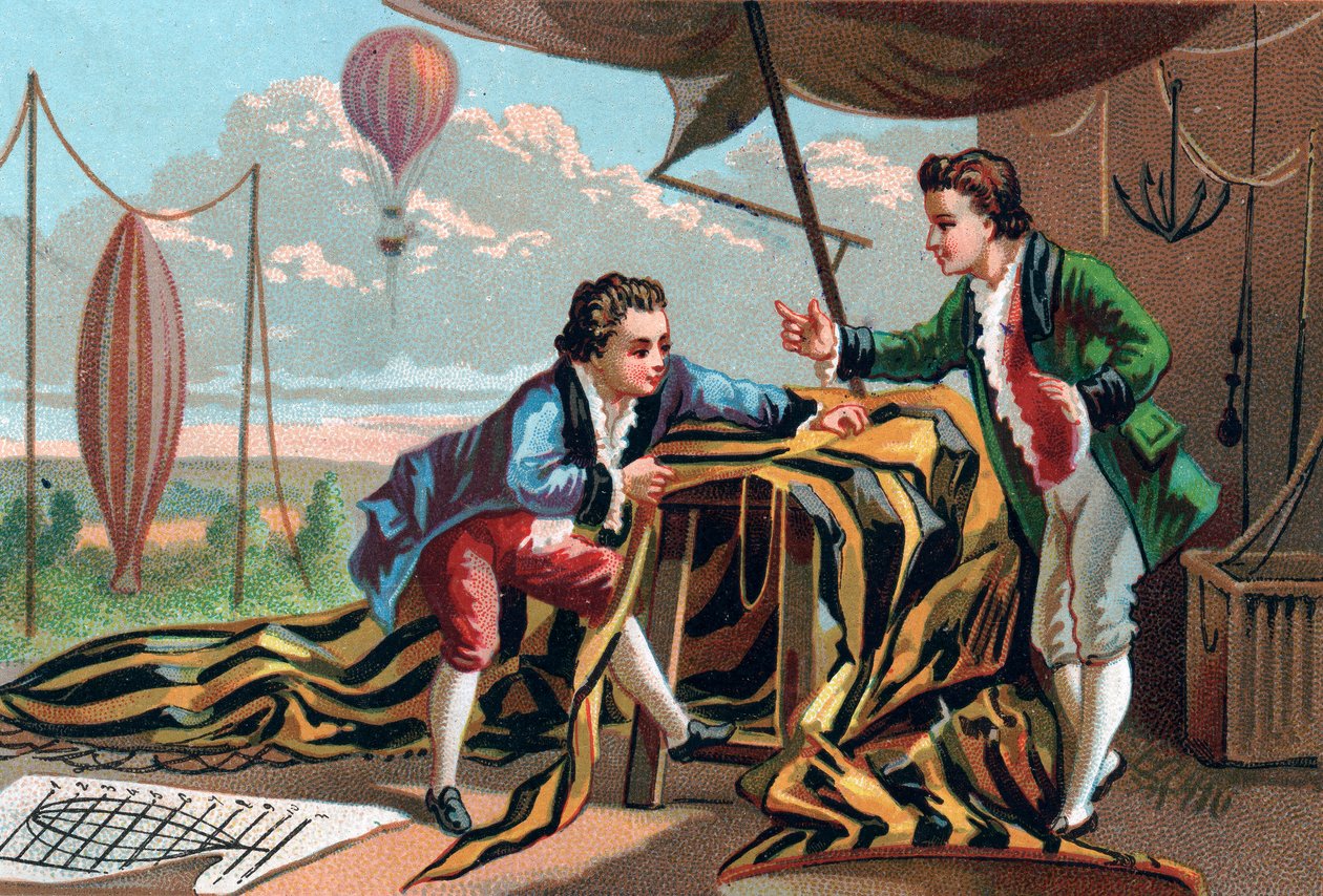 Joseph (1740-1810) e Etienne (1745-1799) de Montgolfier (irmãos) inventaram os aeróstatos em 1783. Cromolitografia tardia do século XIX. de Unknown artist
