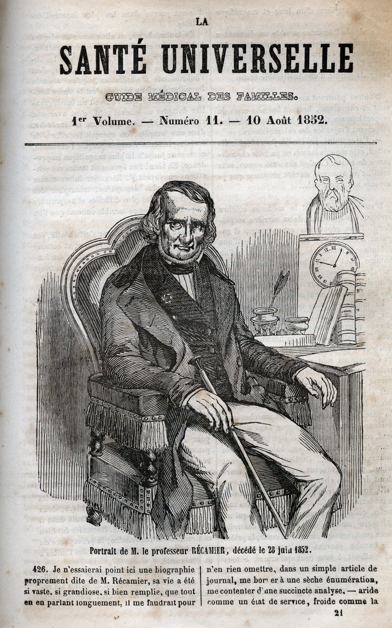 Joseph Claude Anthelme Recamier (1774-1852), cirurgião francês - gravura em "La Sante Universelle - Guide Medical des Familles" 1852 de Unknown artist