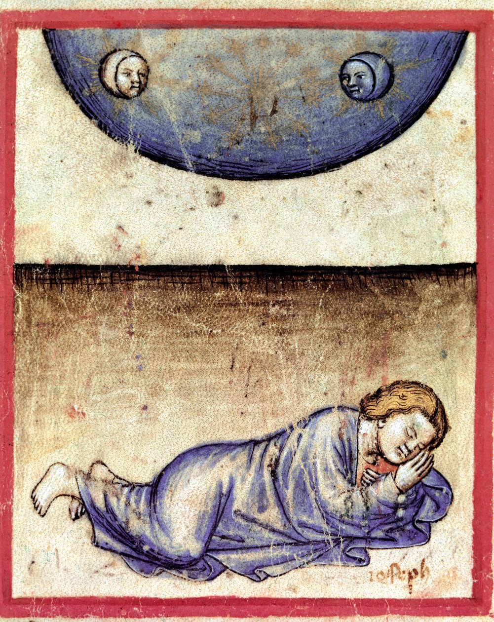 José sonhou que o sol, a lua e onze estrelas se prostrassem diante dele Miniatura do códice 212 (ou códice padovano ou Bíblia de Pádua) 1390-1400 Rovigo, Accademia dei Concordi de Unknown artist