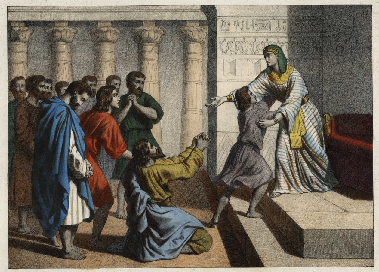 José Patriarca, chamado Vizir do Egipto, é reconhecido pelos seus irmãos que o fizeram acreditar na sua morte e pedir perdão. Gravura anónima do século XIX. de Unknown artist