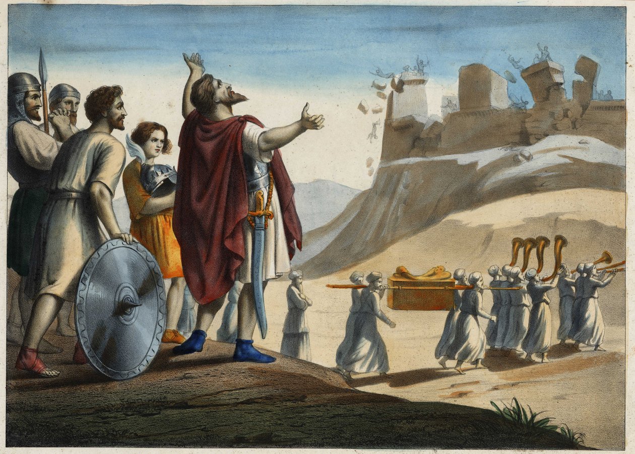 Josué perante a cidade de Jericó (a primeira cidade tomada por Josué e os judeus durante a conquista da Terra Prometida). As muralhas desmoronam ao som das trombetas. Gravura anónima do século XIX. de Unknown artist