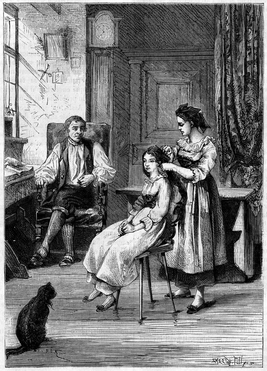 Josue Heilmann (1796-1848), uma inventora francesa, observa as filhas a pentearem-se. Ele se vestiu nesta cena para criar o comber mecânico em 1843. Gravura em "La Nature: Revue des sciences et de ses applications aux arts et a l
