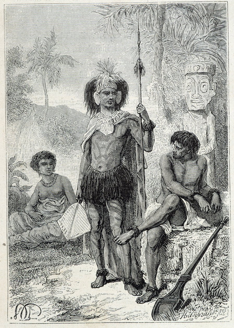Viagem do Capitão James Cook (1728-1779): Indígenas das Ilhas Marquesas - ilustração retirada de "Os Grandes Marinheiros do século XVIII". de Unknown artist