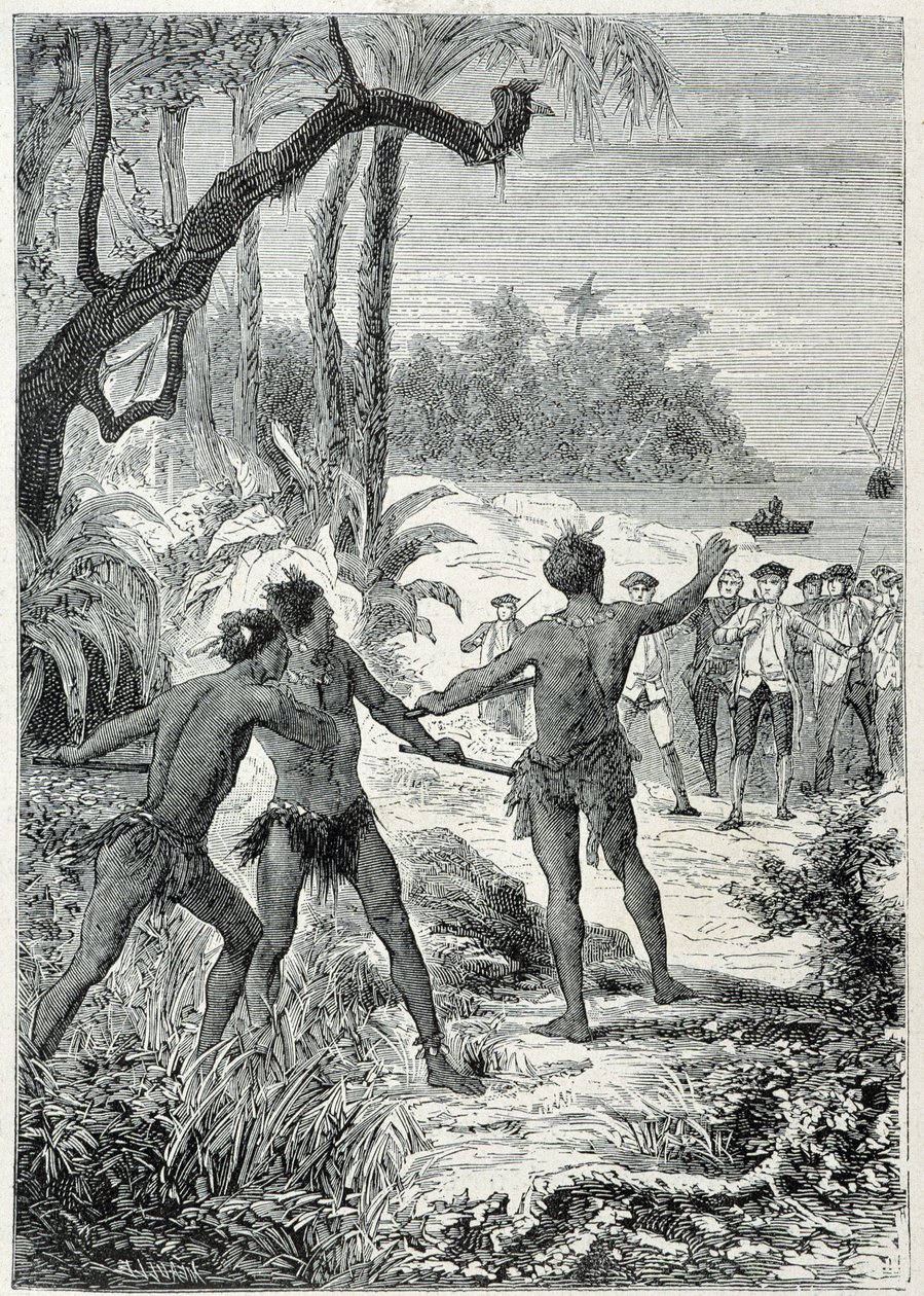 Viagem do Capitão James Cook (1728-1779) a New Guinee: o primeiro encontro com os nativos, ilustração tirada de "Os Grandes Marinheiros do século XVIII". de Unknown artist