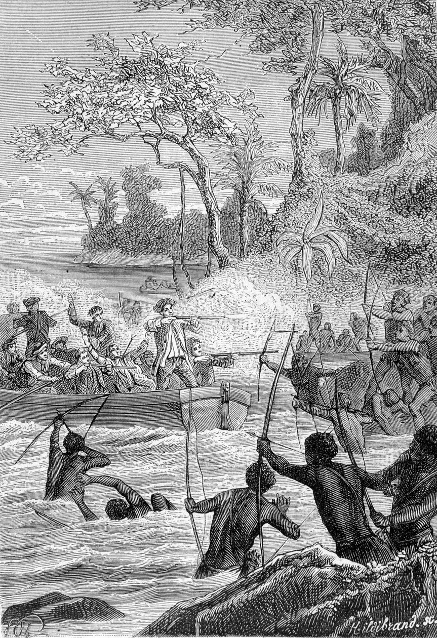 Viagem de Carteret nas Ilhas de Santa Cruz, não para a ilha de Nendo (Santa Cruz, Ndeni, Nitendi ou mesmo Ndende): Ataque dos nativos com os golpes de flechas - ilustração tirada de "Os Grandes Marinheiros do século XVIII". de Unknown artist