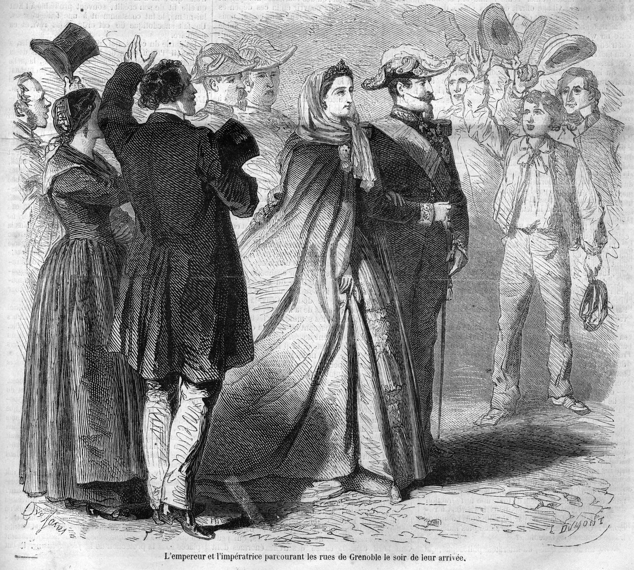 Viagem do Imperador Napoleão III (1808-1873) e sua esposa Eugenie de Montijo (1826-1920) ao Duque de Sabóia após a anexação do Conde de Sabóia (Tratado de Turim de Março): aqui o casal imperial percorre as ruas de Grenoble. Gravura de de Unknown artist