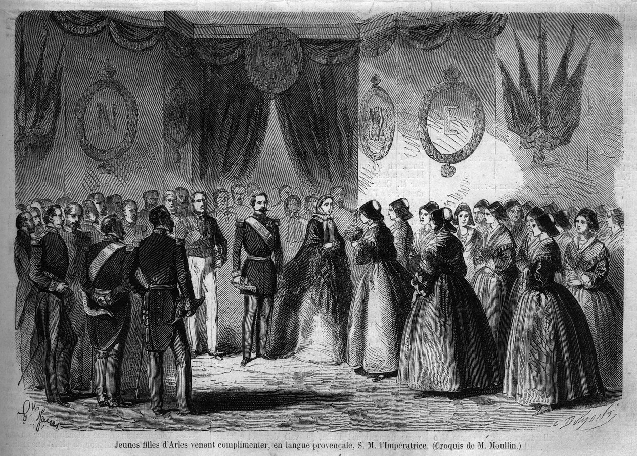 Viagem do Imperador Napoleão III (1808-1873) e sua esposa Eugenie de Montijo (1826-1920) ao Duque de Sabóia após a anexação do Conde de Sabóia (Tratado de Turim de Março): aqui o casal imperial que visita Arles encontra jovens raparigas da região. Engr de Unknown artist