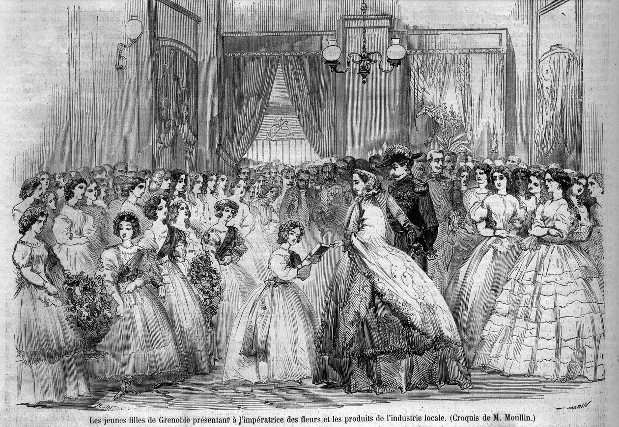 Viagem do Imperador Napoleão III (1808-1873) e sua esposa Eugenie de Montijo (1826-1920) ao Duque de Sabóia após a anexação do Conde de Sabóia (Tratado de Turim de Março): aqui o casal imperial em visita a Grenoble encontra jovens raparigas que vieram para de Unknown artist