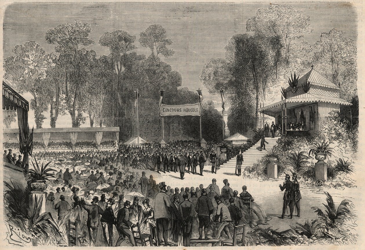 Viagem de Napoleão III (1808-1883) e da Impressora Eugenie de Montijo (1826-1920) a Rouen: distribuição de prêmios no concurso agrícola. Gravura em "L