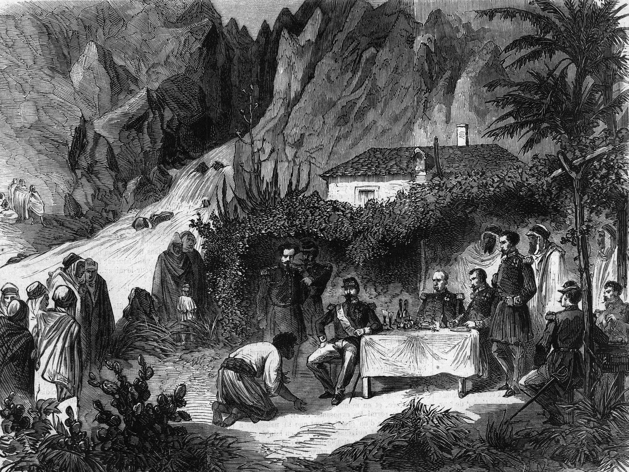 Viagem de Napoleão III, Imperador dos Franceses, à Argélia. Setembro de 1860. O almoço de Napoleão III, no riacho dos macacos, recebe Barka. Gravura a partir de 1865. de Unknown artist
