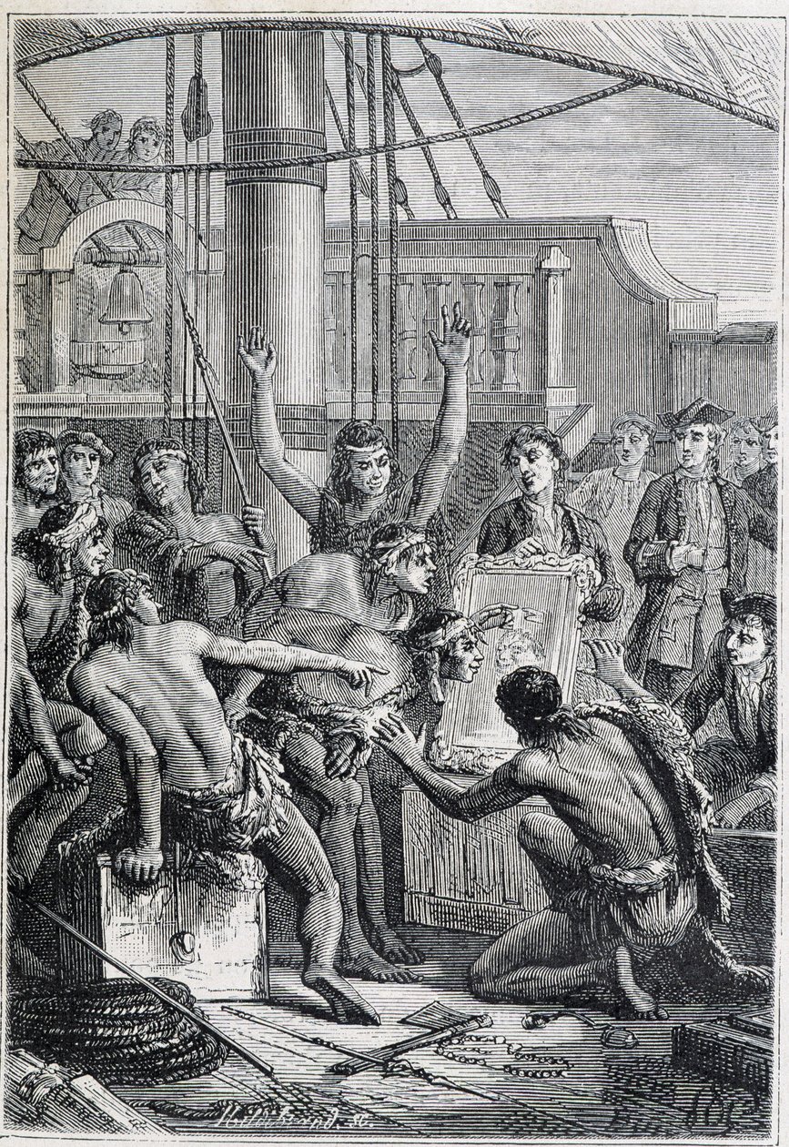 Viagem de Samuel Wallis (1728-1795) à Polinésia: etonnes indígenas por um espelho - ilustração tirada de "Os Grandes Marinheiros do Século 18". de Unknown artist