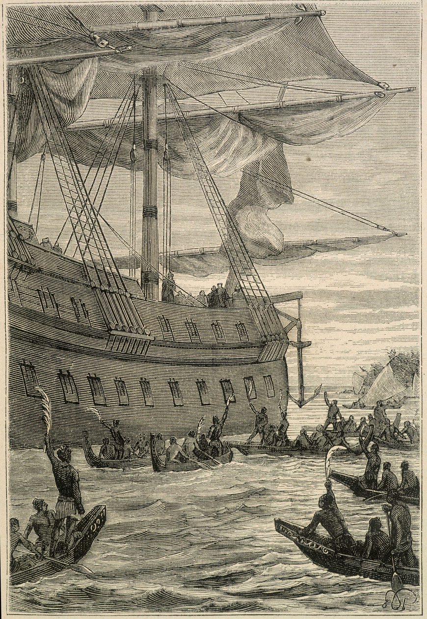 Viagem de Samuel Wallis (1728-1795) à Polinésia: povos indígenas com ramos de banana na mão como uma saudação de boas-vindas - ilustração de "Os Grandes Marinheiros do século XVIII". de Unknown artist