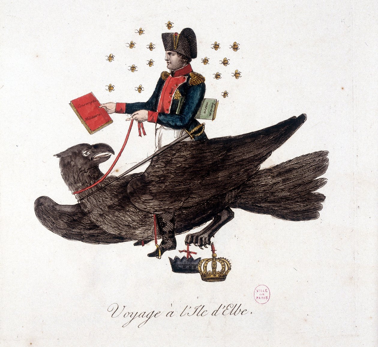 Viagem à Ilha Elba: Napoleão montado numa águia, segurando os livros de recrutamento militar e levantamento em massa de soldados - em "Napoleão 1, caricaturas, colecção de bonecos", c. 1814 de Unknown artist