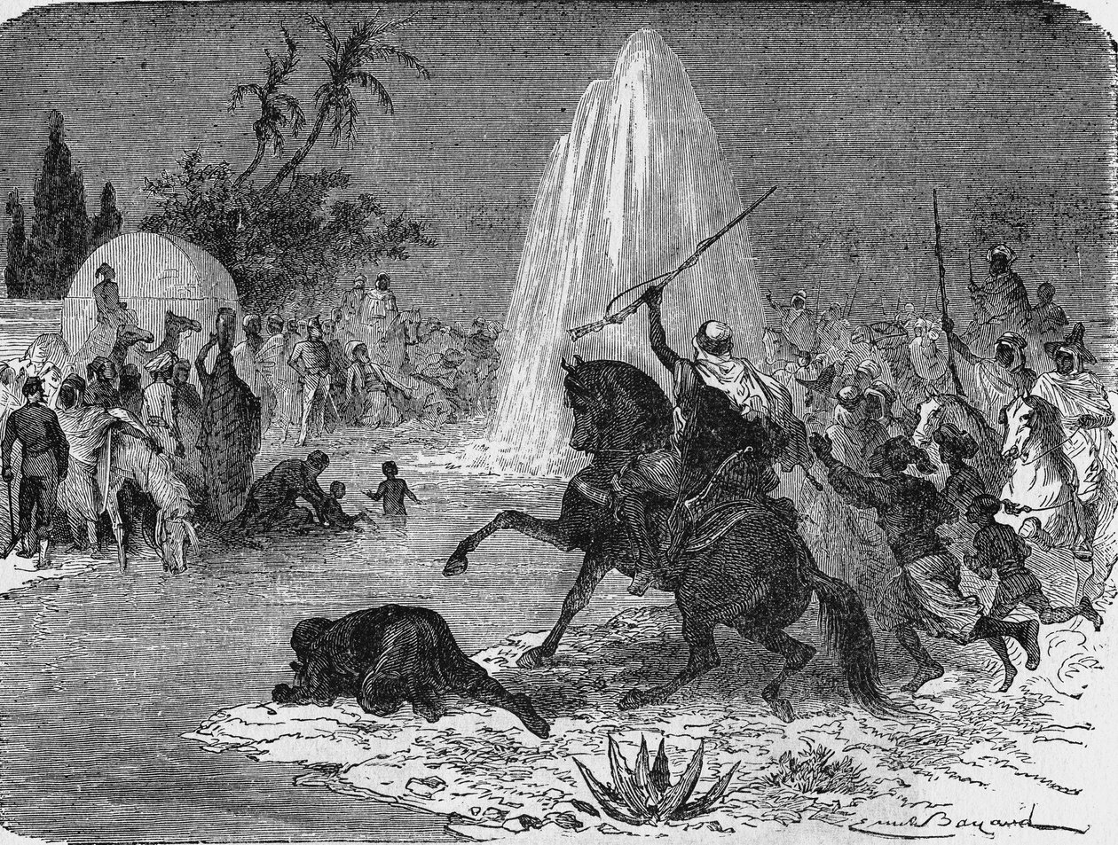 Alegria dos árabes à vista do fluxo de água do poço artesiano de Sidi-Rached, forjado pelos franceses, no deserto do Saara. In" Album de la Science", Éditions Jouvet de Unknown artist