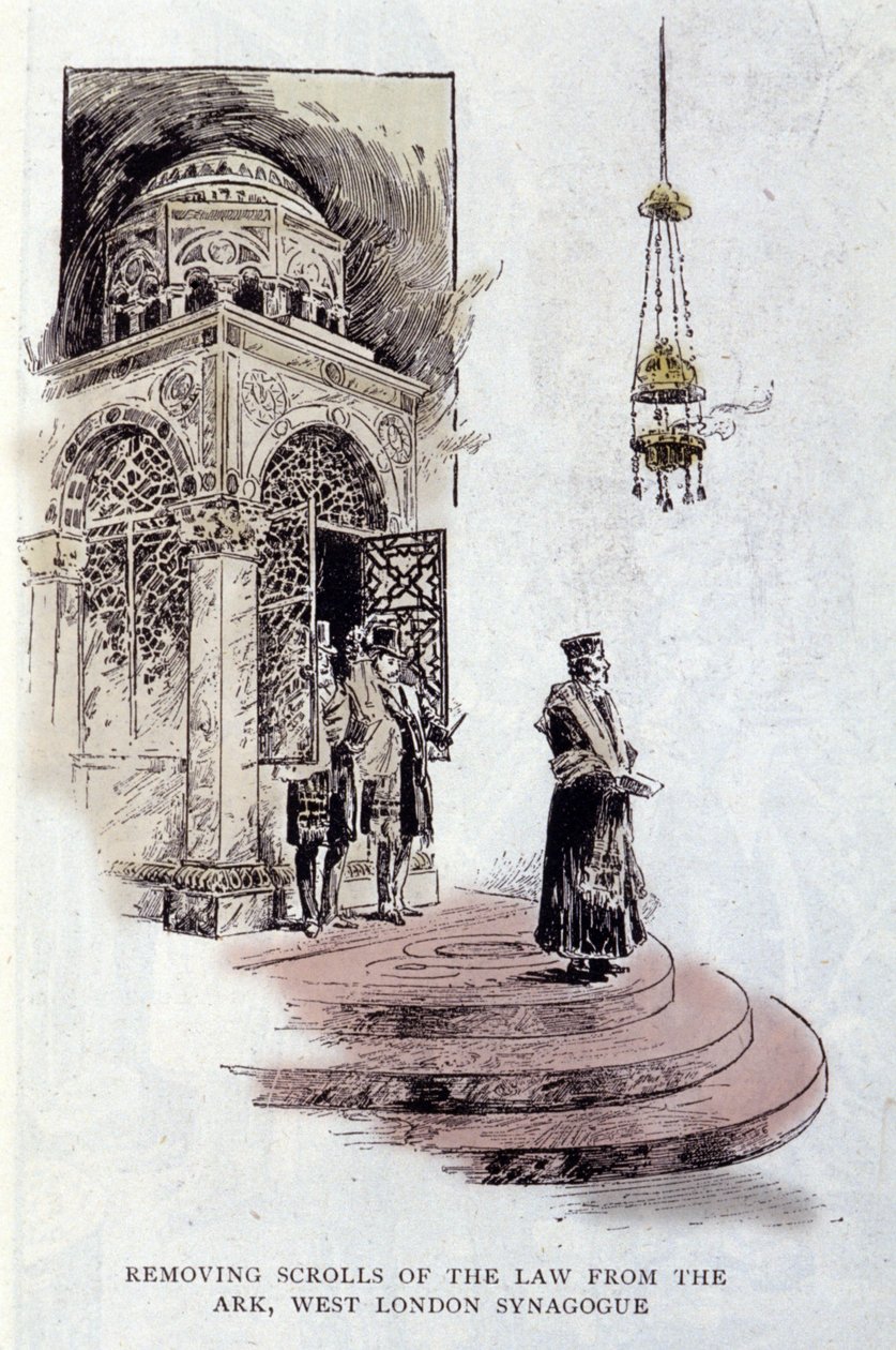 O judaísmo: Os pergaminhos da Torá normalmente colocados na Arca Santa são usados numa cerimónia. O rabino usa o Talit ou a cal de oração Tzitzit. Sinagoga de Londres Ocidental de Unknown artist