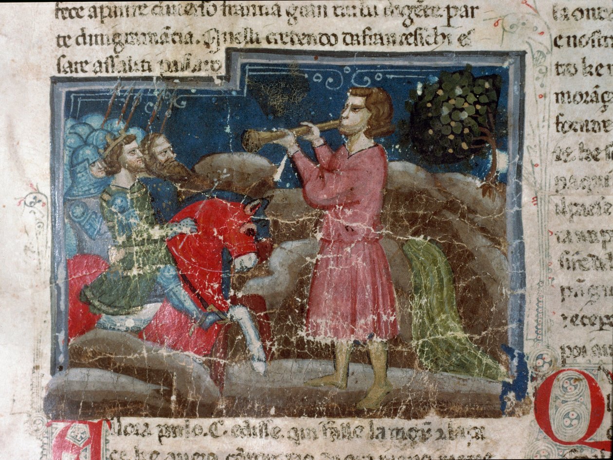 Jules Cesar (101-44 AC) dirige-se aos seus guerreiros Detalhe de uma página manuscrita "Os Factos dos Romanos" (Ms 1538, fol 15r) por volta de 1340 Florence, Biblioteca Riccardiana de Unknown artist