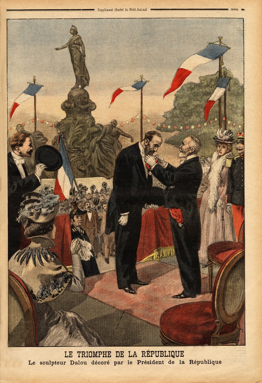Jules Dalou (1838-1902) escultor, decorou a legião de honra do Presidente da República Emile Loubet (1838-1929), por ocasião da inauguração da estátua "O triunfo da república" na Praça da Nação em Paris. Gravura em " de Unknown artist