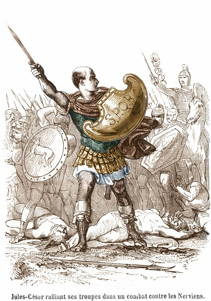 Júlio César reunindo as suas tropas numa luta contra os Nerviens - gravura de Unknown artist