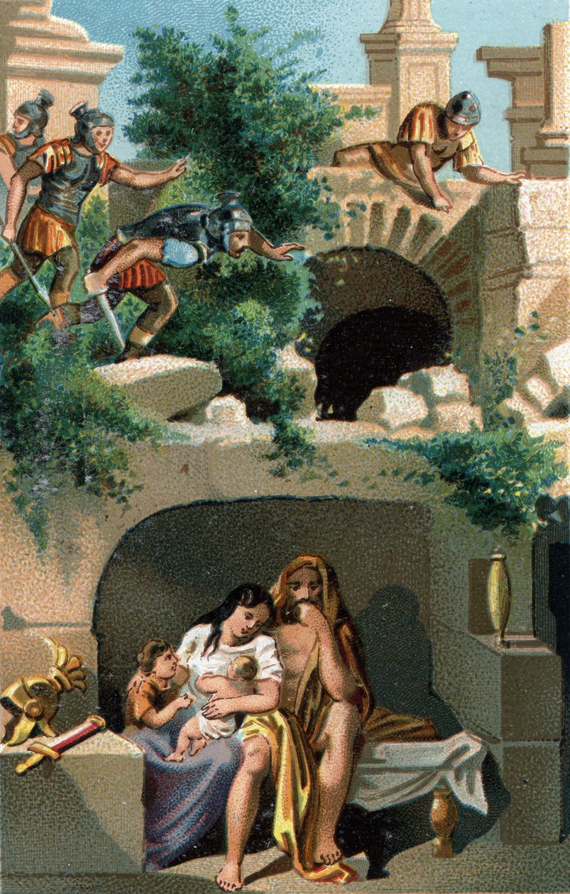 Julius Sabinus (Gauleses do povo Lingons) e sua esposa Eponine permanecem escondidos por nove anos com seus filhos em um subterrâneo e depois descobertos, são levados para Roma junto com seus dois filhos gêmeos. Cromolitografia tardia do século XIX. de Unknown artist