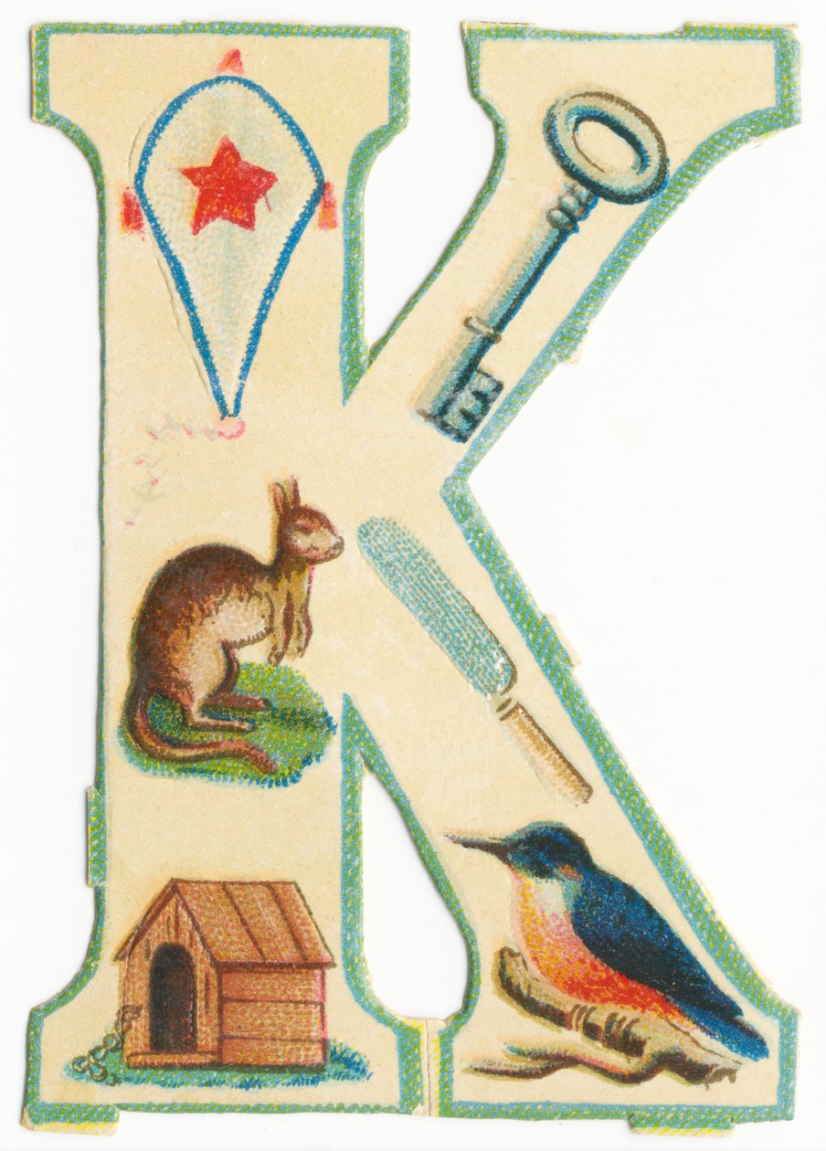 K: pipa, chave, canguru, faca, canil, martim-pescador (cor lito) de Unknown artist
