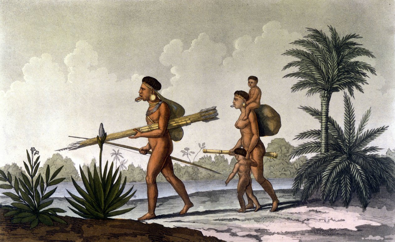 Kerengnatnuck, chefe dos Botocudos, e sua família (Brasil) - em "O traje antigo e moderno" de Ferrario, ed. Milão de Unknown artist