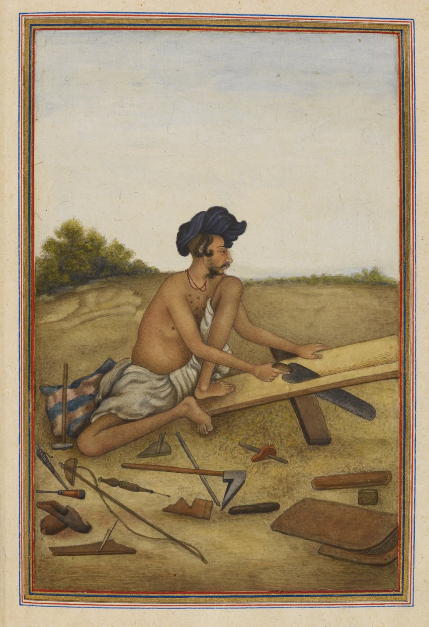 Khati ou Tarkhan, casta carpinteira do Panjab. Homem a serrar uma tábua. de Unknown artist