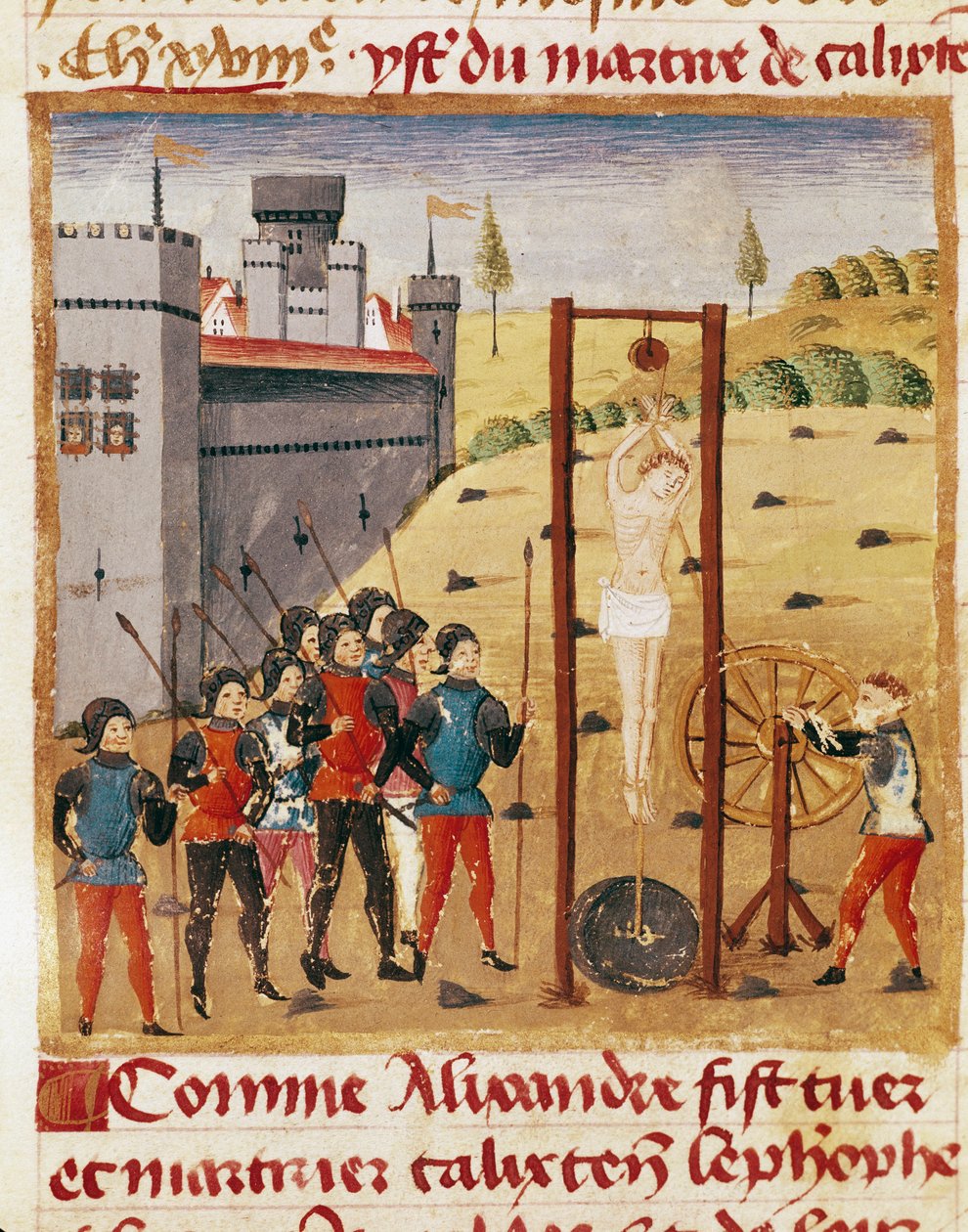 O Rei Alexandre o Grande (356-323 a.C.) assiste à execução do nobre Calixten Cephobe por enforcamento" Miniatura retirada do "Livro de Fatos de Alexandre o Grande" de Quintus Curtius Rufus (século I) (ms 1335, fol. 167 v de Unknown artist