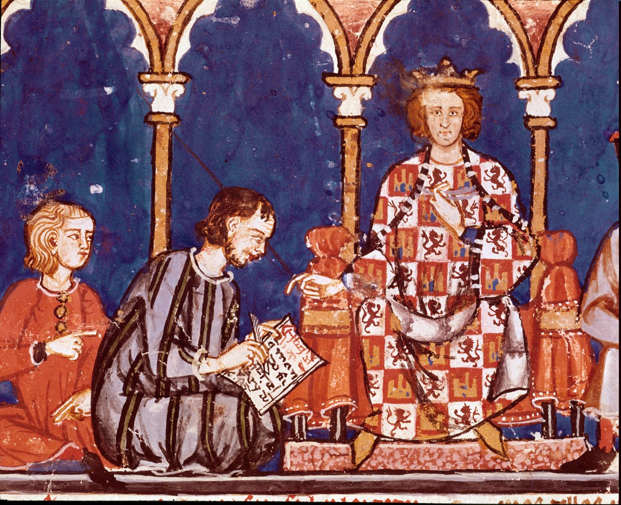 O Rei Alfonso X, o sábio, assiste um escriba. Detalhe de uma miniatura do Livro de jogos de Alfonso X o sábio (1221-1284) "O livro de xadrez, des et tables" (El libro de ajedrez, dados e tablas). 1282. San Lorenzo de El Escorial. Biblioteca Real do de Unknown artist