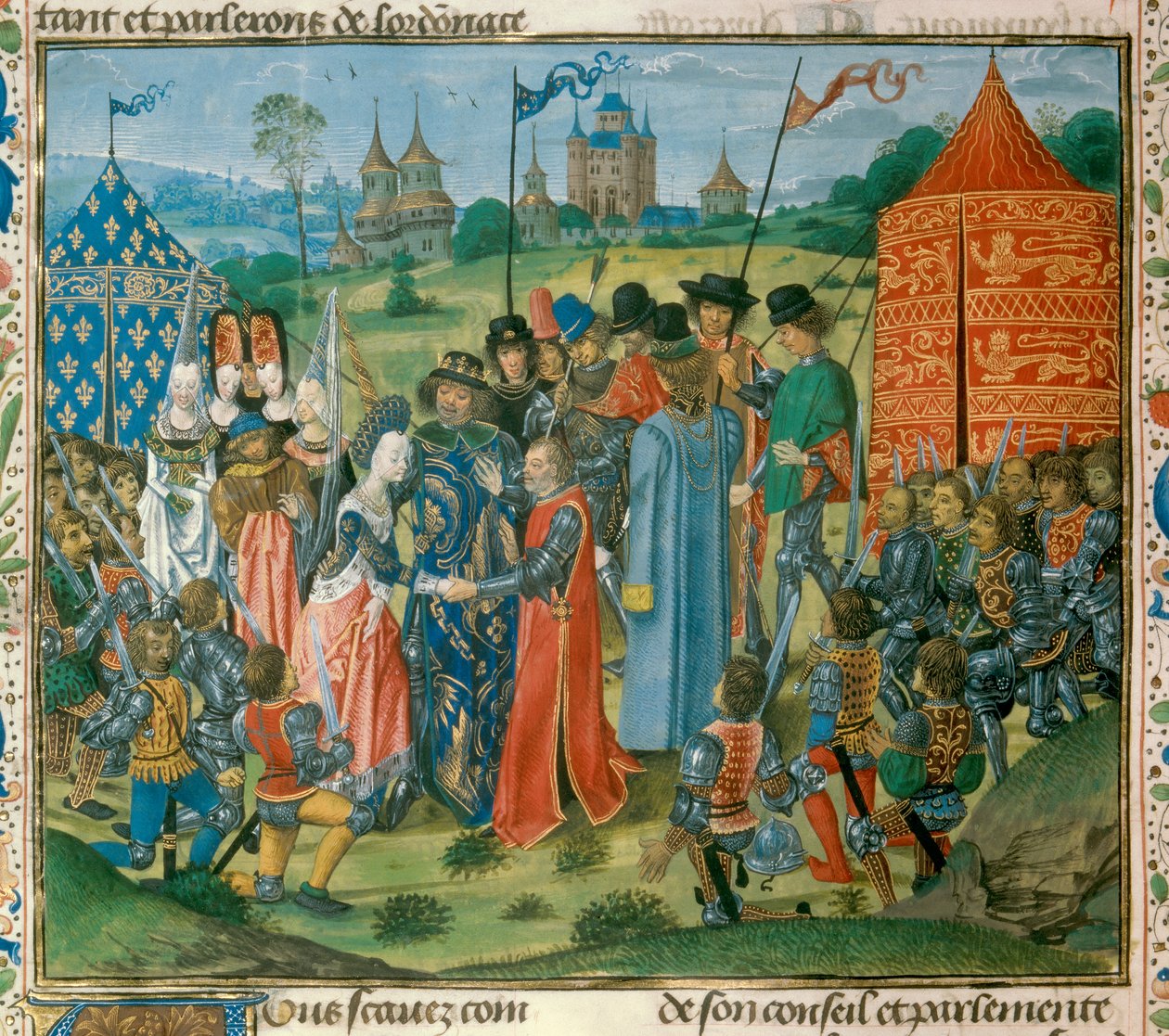 O rei Carlos VI (1368-1422) entregou a sua filha Isabel de França (1389-1409) a Ricardo II (1367-1400), rei de Inglaterra, perante a Assembleia dos Lordes Francês e Inglês Miniatura de "Chronicles" de Jean Froissart (1337-1400) Paris do século XV. B.N. de Unknown artist