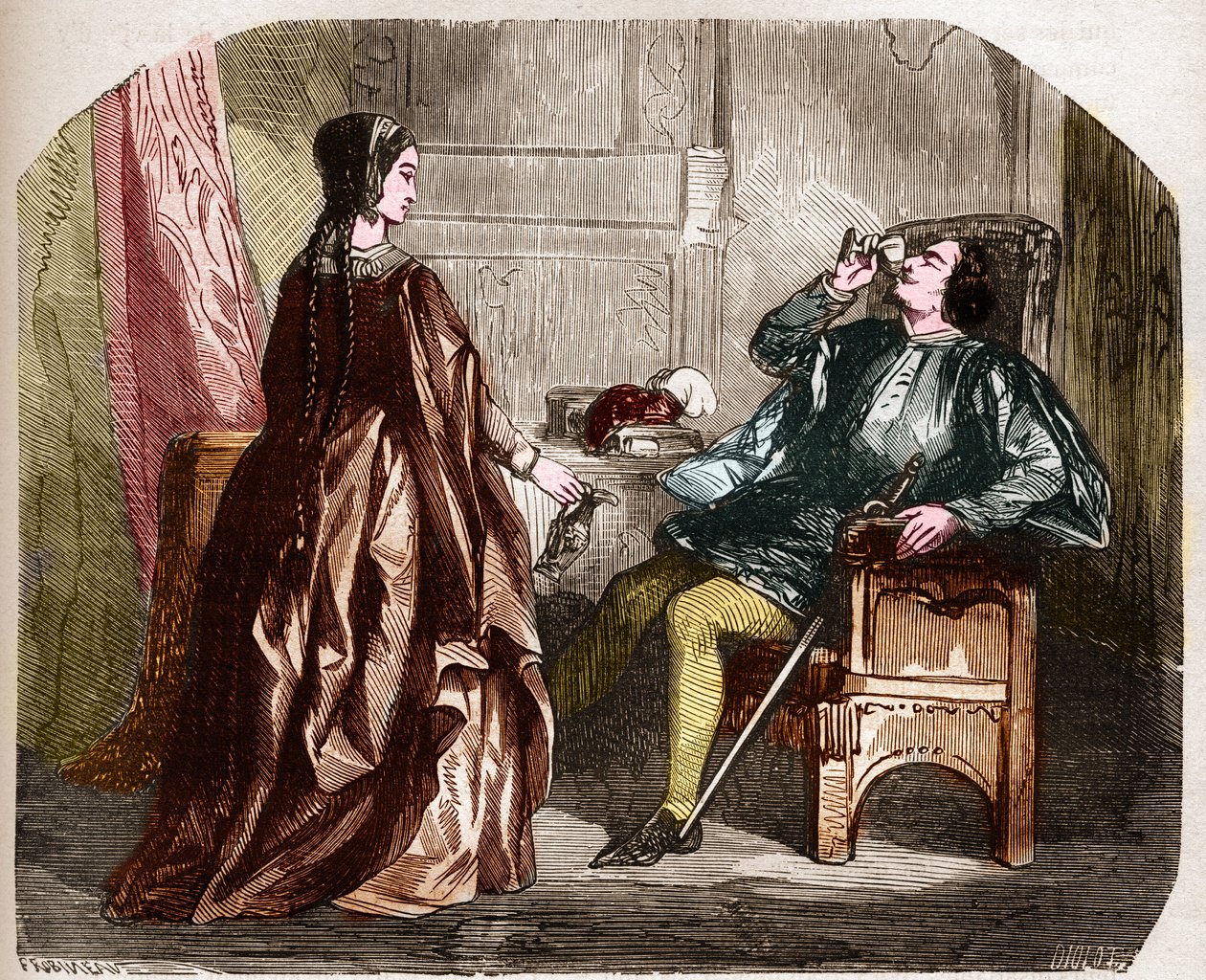 Rei Carlos VI da França, conhecido como Carlos o Bom Aime, depois Carlos o Fol (1368-1422) com sua amante Odinette (Odette) de Champdivers. Gravação em "A história da prostituição e do deboche entre todos os povos do mundo, desde a Antiguidade até ao de Unknown artist