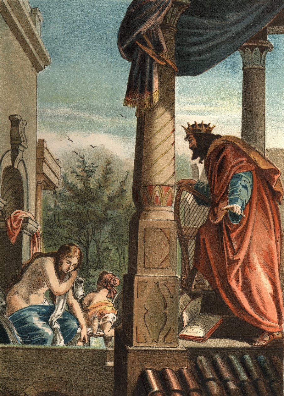 O Rei David e Bethsabee, sua futura esposa no banho, em "El Culto de la Hermosura" de Juan Justo Huguet, Molinas Hermanos editores de Unknown artist