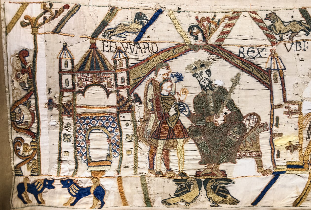 O Rei Eduardo o Confessor envia Harold para a Normandia, Tapeçaria Bayeux (bordado de lã em linho) de Unknown artist