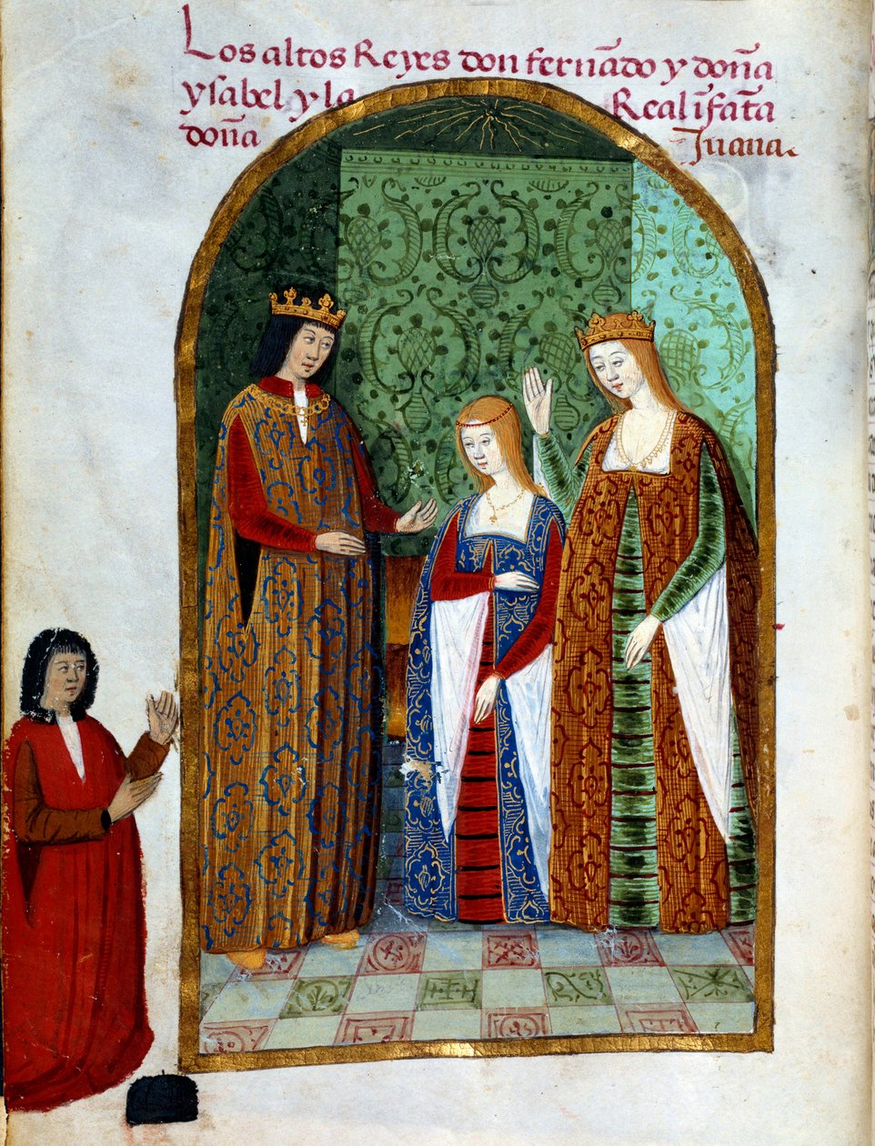 Rei Fernando II, Rei de Aragão e Sicília (1452 - 1516), Joana, Rainha de Castela (1479 - 1555) e Isabel 1ª de Castela (conhecida como a Católica), Rainha de Espanha (1451 - 1504). Miniatura em "Devocionario de la Reyna Da Juana a Quien Llamaron la Loca". de Unknown artist