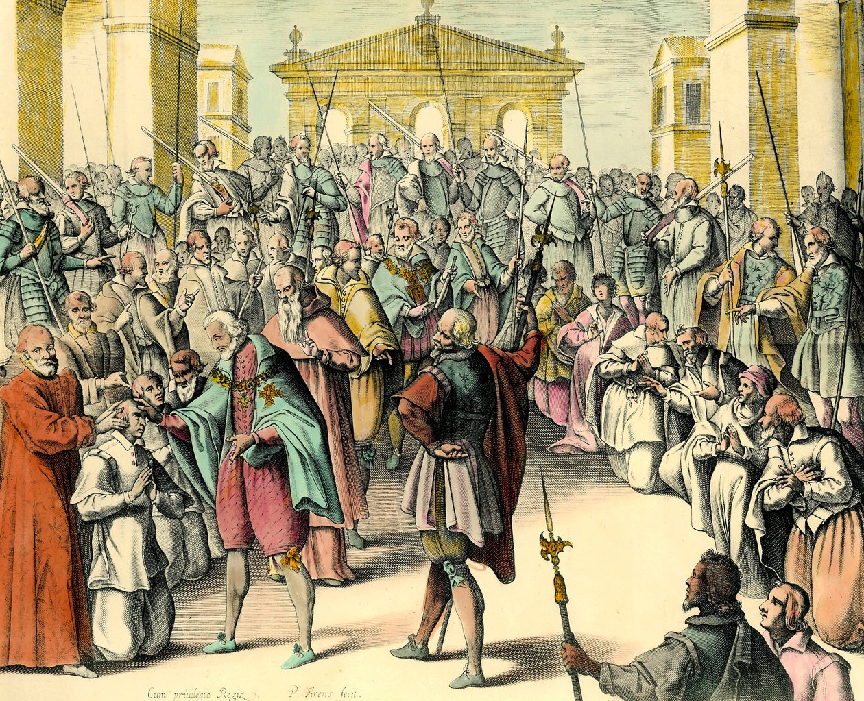 O Rei Henrique IV (1553-1610) toca na testa de uma pessoa doente". O rei é thaumaturge, ele tem o poder de curar as ecrouelles, pronunciando esta fórmula. Gravura de um rascunho de André du Laurens (1558-1609), médico do rei Henrique IV de Unknown artist