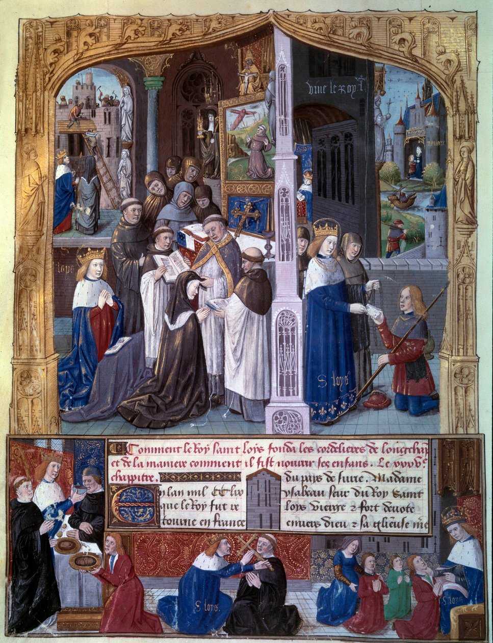 O Rei Luís IX (1214-1270) (Saint Louis) mandou construir a Abadia Cordeliere de Longchamp na floresta de Rouvray (Boulogne) em 1255, cenas de caridade cristã do Rei Miniatura tiradas de um manuscrito "O Livro de Fatos Monseigneur Saint Louis" do século XV de Unknown artist