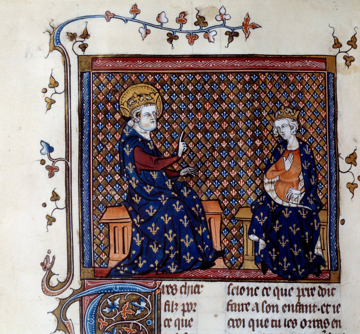 O rei Luís IX (1214-1270) ensina o mestre do rei ao seu filho, futuro Filipe III Miniatura de um manuscrito do século XIV. Chantilly, Museu Conde de Unknown artist