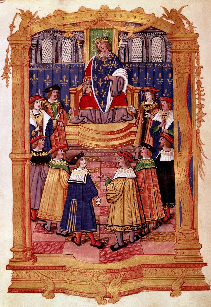O Rei Luís XI (1423-1483) e os Cavaleiros da Ordem de São Miguel Miniatura do manuscrito "Estatutos da Ordem de São Miguel" Milão do século XV, Biblioteca Trivulziana de Unknown artist