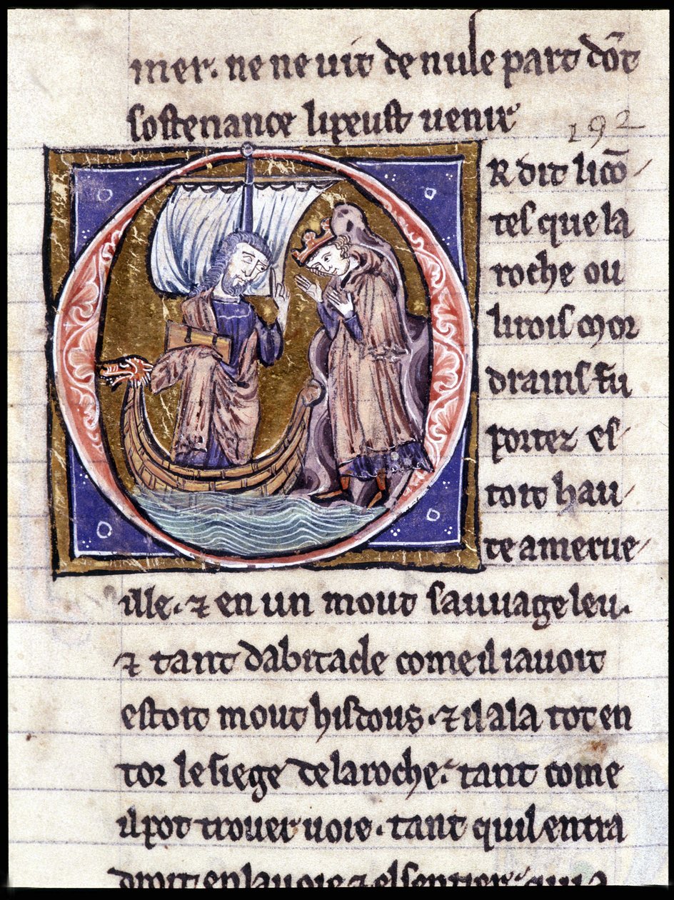 Rei Modreius. Manuscrito: Conquista do Saint Gréal, escrito 717 anos após a paixão do nosso senhor. Bibliotheque municipale de Rennes, ms. 255 (Coleção de romances da Távola Redonda); Paris de Unknown artist