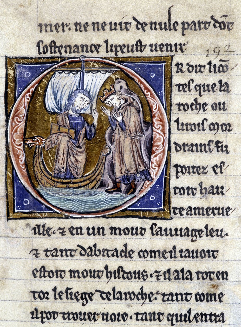 Rei Modreius. Manuscrito: Conquista do Saint Gréal, escrito 717 anos após a paixão do nosso senhor. Bibliotheque municipale de Rennes, ms. 255 (Coleção de romances da Távola Redonda); Paris de Unknown artist