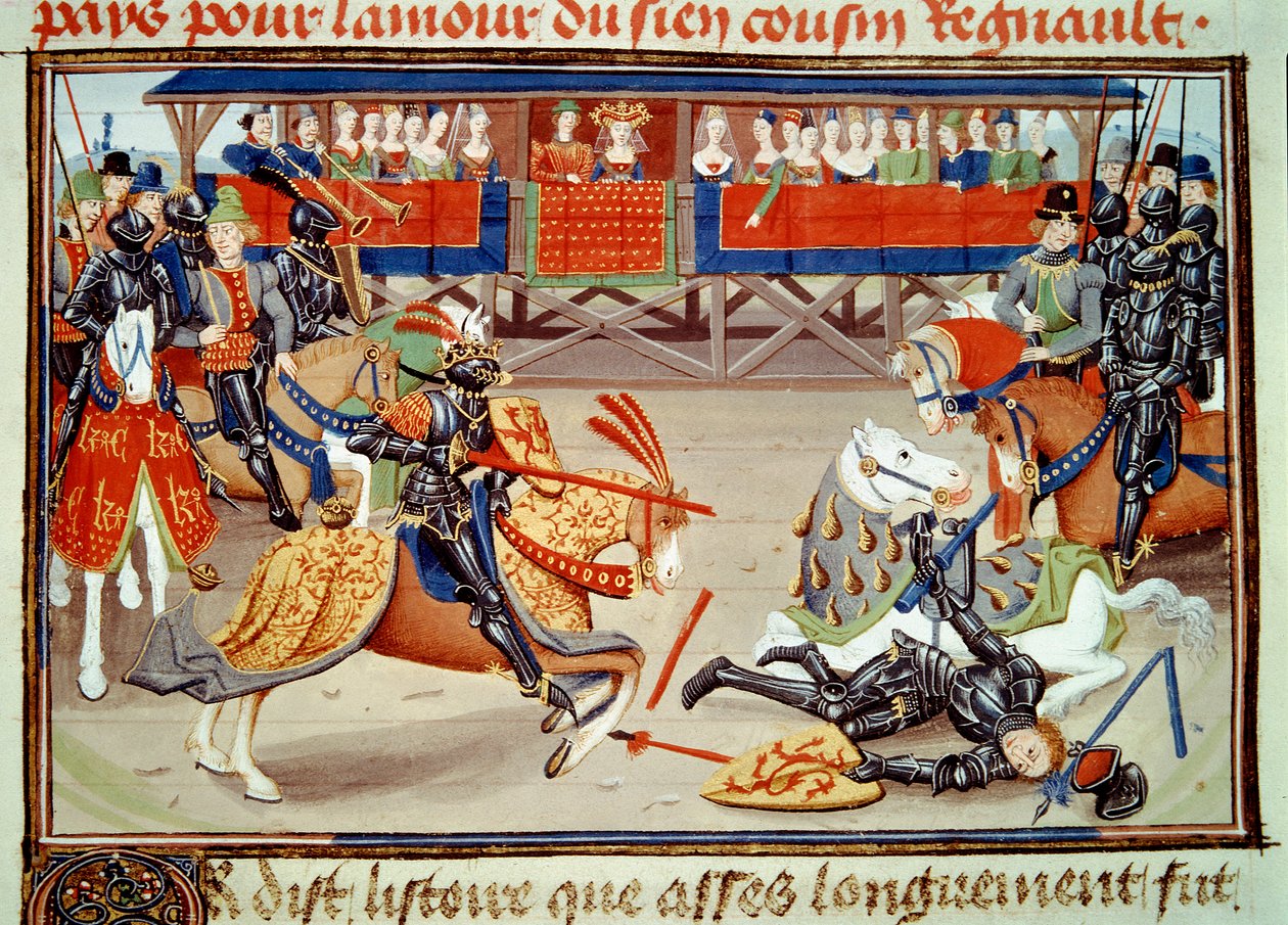 O Rei Richier desarconnnant guichart do moree durante um torneio. (Miniatura, v.1462-1470) de Unknown artist