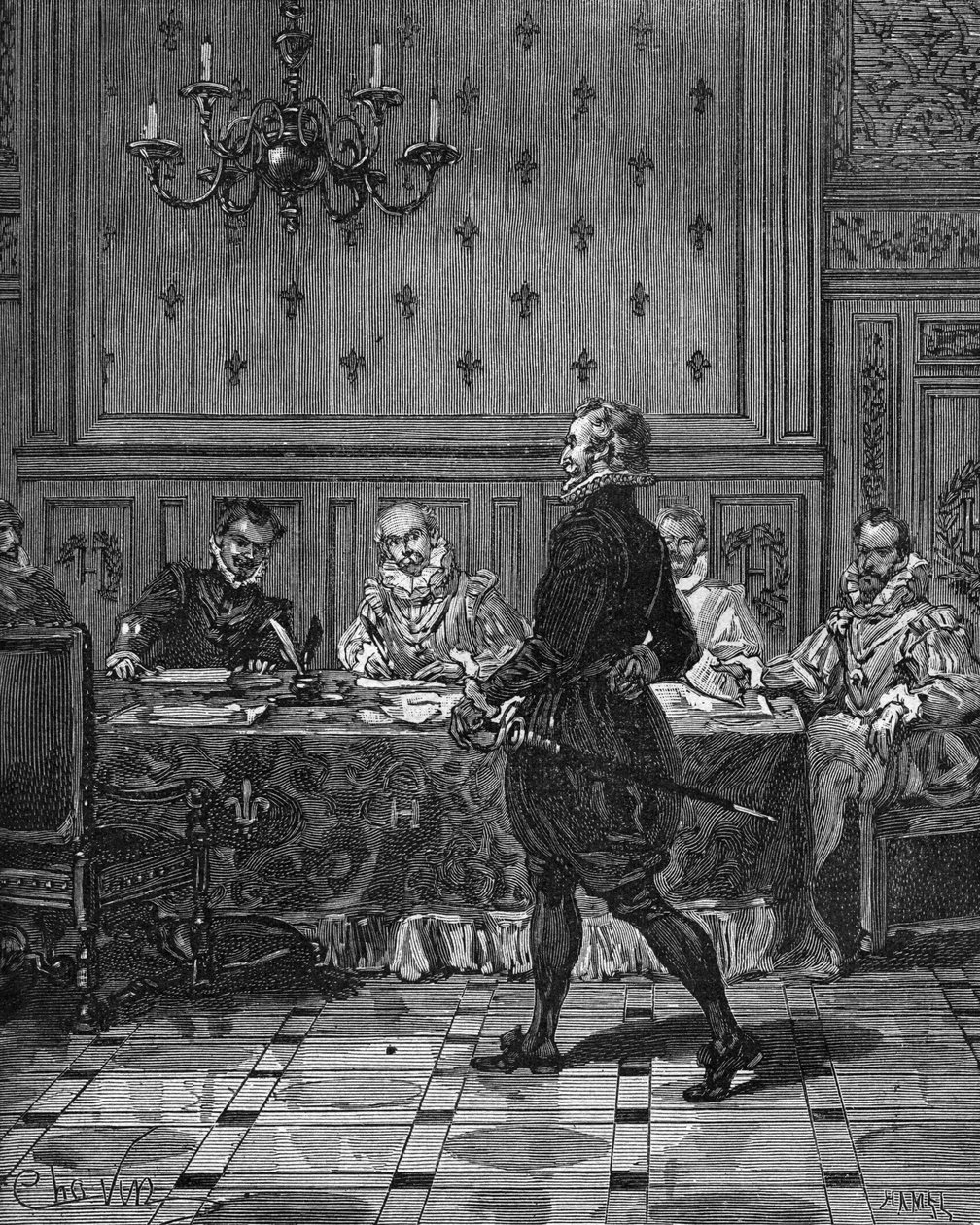 Rei de França Henrique IV (1553-1610) (de pé) numa reunião com os seus embaixadores. Gravura do século XIX. No "Histoire de France" de Jules Michelet de Unknown artist