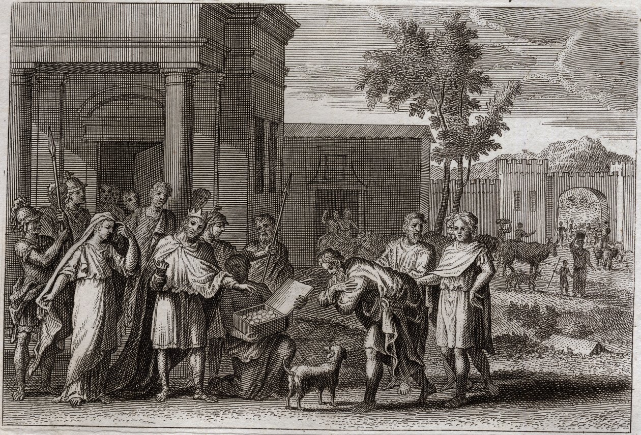 Bíblia do Reino, Velho Testamento: Abimeleque castigado por Deus. Abimeleque (Abimelec ou Aimeleque ou Aimeleque), Rei de Gerar, tendo tomado à força Sara (Sara), esposa de Abraão, mas que ele acreditava ser apenas sua irmã, é iludido por Deus, e a devolve de Unknown artist