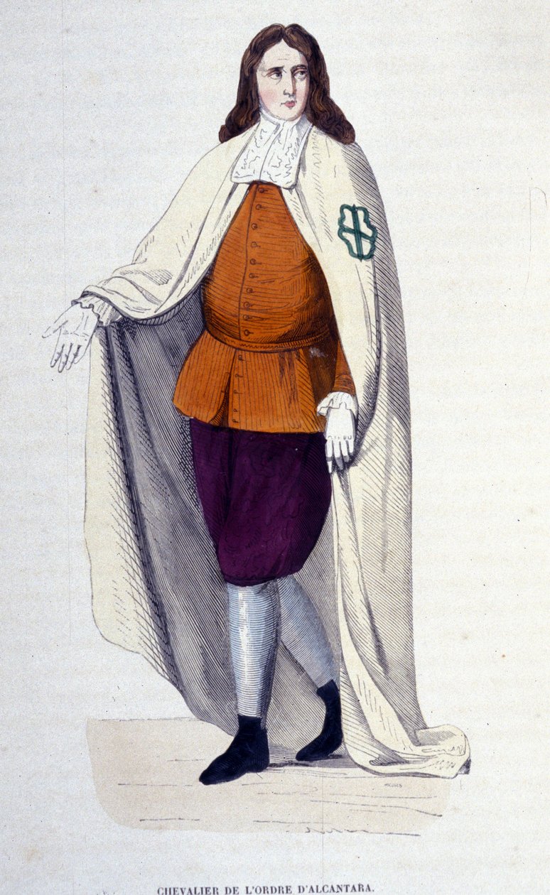 Cavaleiro da Ordem de Alcântara, ordem religiosa e militar fundada em 1156 sob o nome da Ordem de San Julian del Pereiro, à imitação dos Templários, para combater os mouros. Gravura do século XIX, col. privado, Milão. de Unknown artist