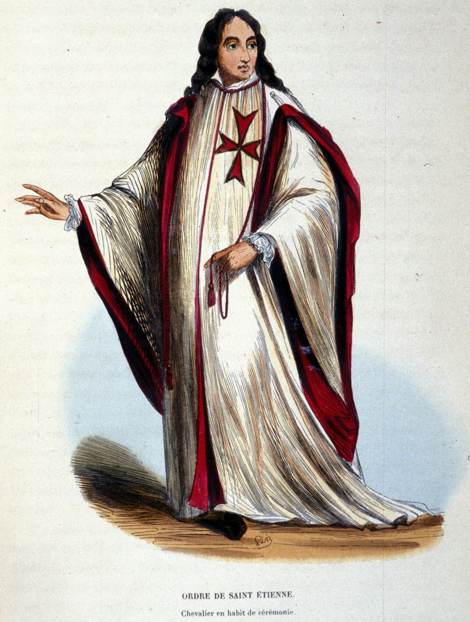 Cavaleiro da Ordem de Santo Estêvão em trajes cerimoniais. Ordem militar e religiosa criada pelo Grão-Duque da Toscana, em 1561. Gravura do século XIX. de Unknown artist