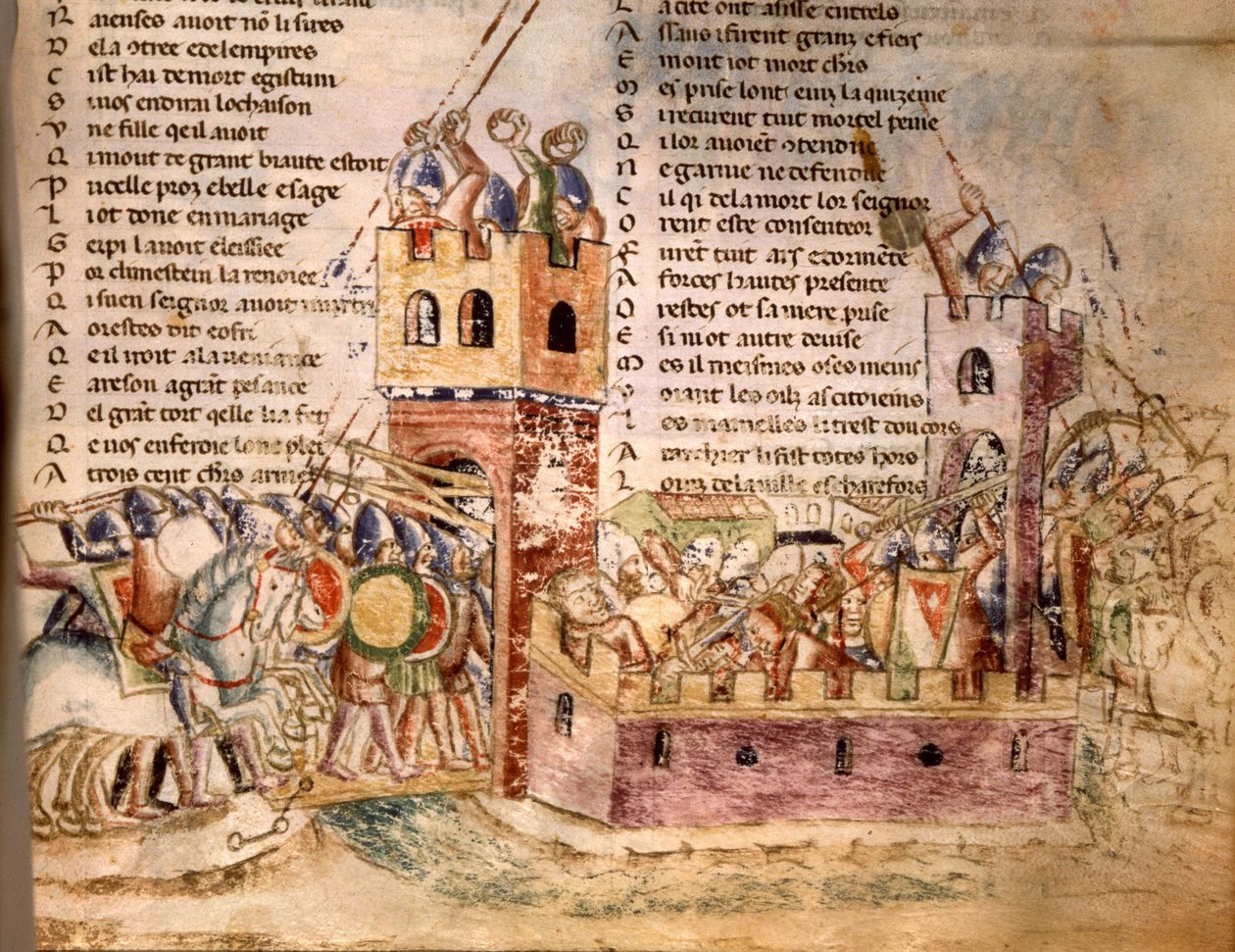Cavaleiros invadiram um castelo. Um manuscrito do século XII. Bíblia. Marciana Veneza. de Unknown artist