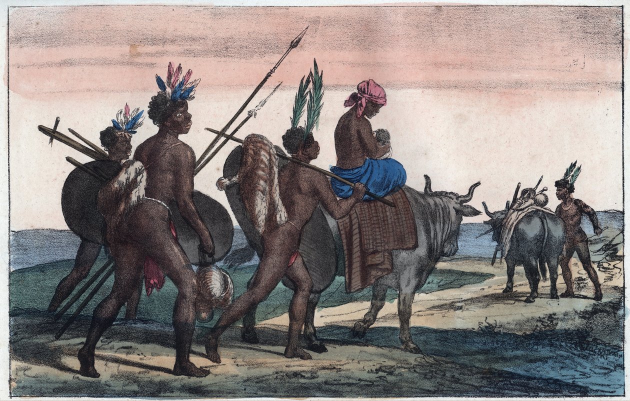 Korah Hottentots do Cabo em movimento - gravação de "Usos e Costumes de Todos os Povos do Universo". Ou História do Governo, Leis, Milícias, Religião de todas as Nações desde os tempos mais remotos até aos dias de hoje" 1856 de Unknown artist